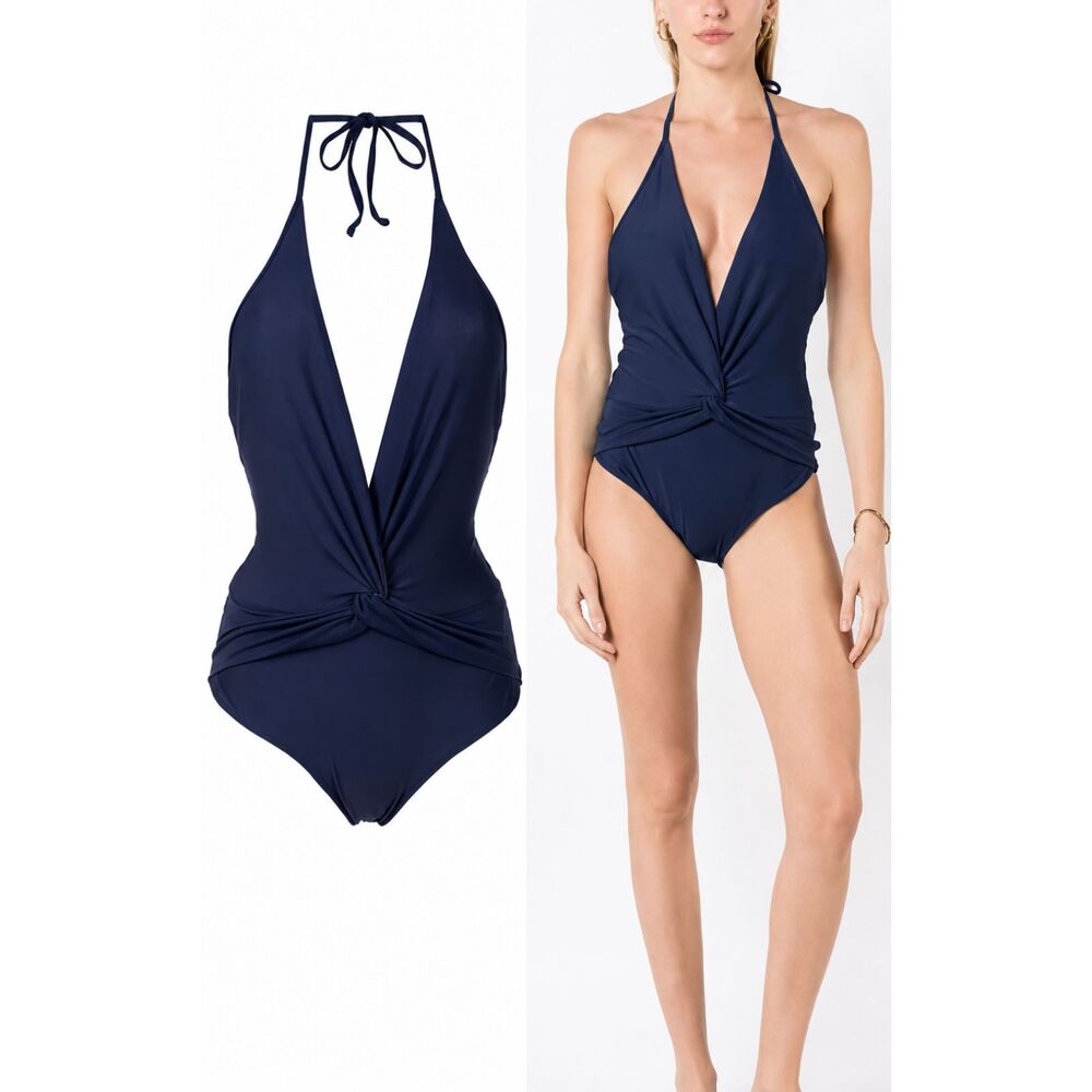 Adriana Degreas - Navy Blue Twist-Front Halter Neck Swimsuit- Size S